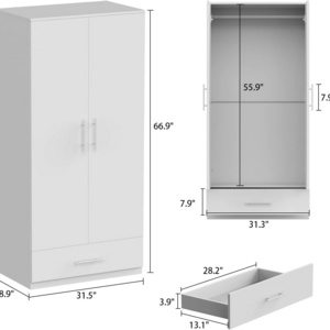 Wardrobe Armoire Closet with 2 Doors, Freestanding Wardrobe Cabinet with Drawer & Hanging Rod, Bedroom Armoire Clothes Organizer