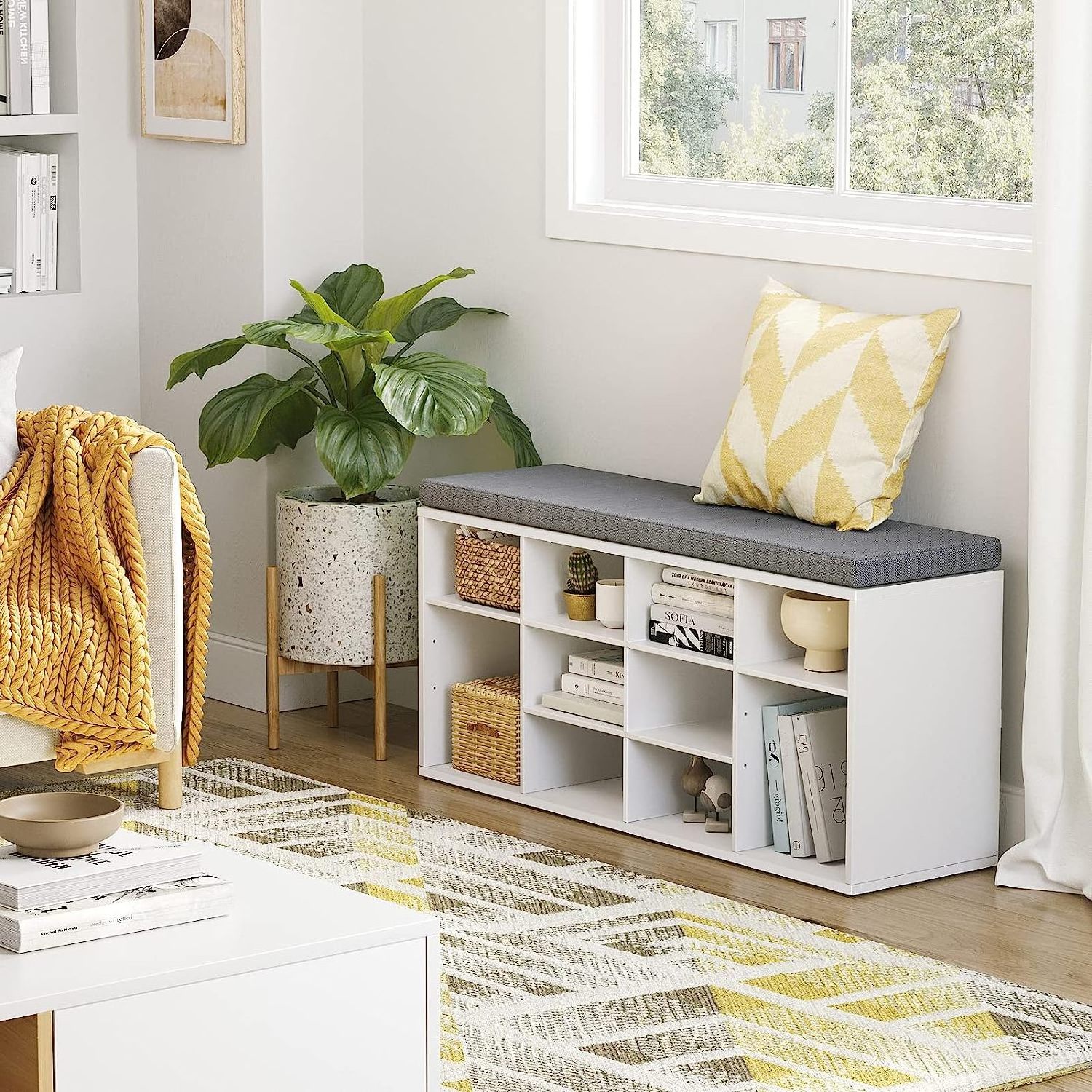 Shoe Storage Bench with Cushion, Cubby Shoe Rack with 12Adjustable Shelves, Shoe Organizer Bench