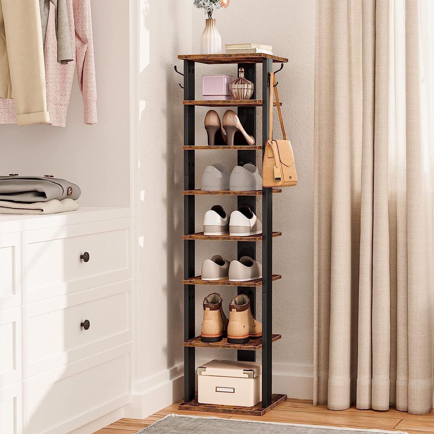 8 Tier Shoe Storage Organizer with Hooks, Narrow Shoe Rack for 8 Pairs, Vertical Shoe Rack