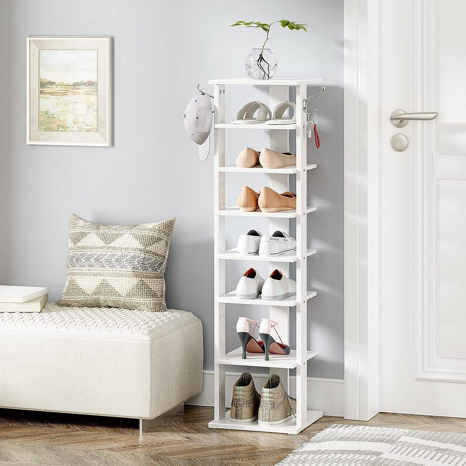 8 Tier Shoe Storage Organizer with Hooks, Narrow Shoe Rack for 8 Pairs, Vertical Shoe Rack