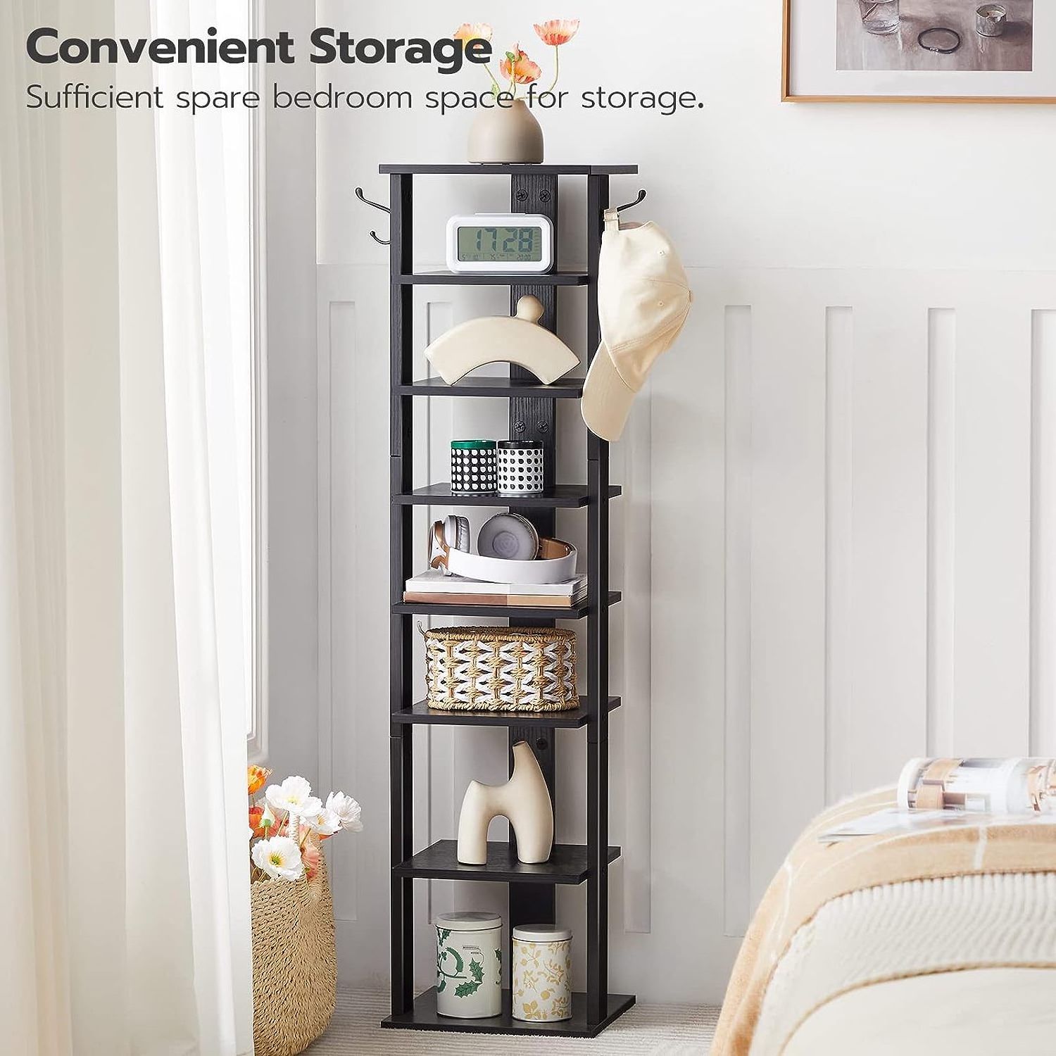 8 Tier Shoe Storage Organizer with Hooks, Narrow Shoe Rack for 8 Pairs, Vertical Shoe Rack