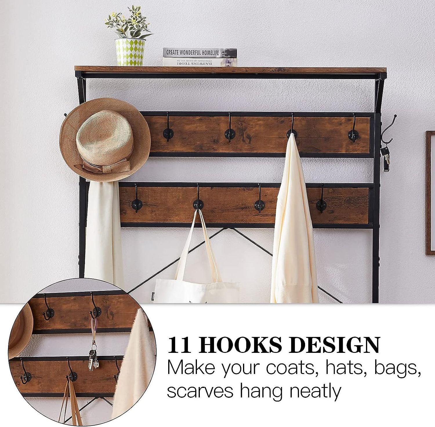 3-in-1 Entryway Coat Rack with Storage Bench and Coat Racks Entryway Storage Shelf Organizer,Wood Look Accent Furniture