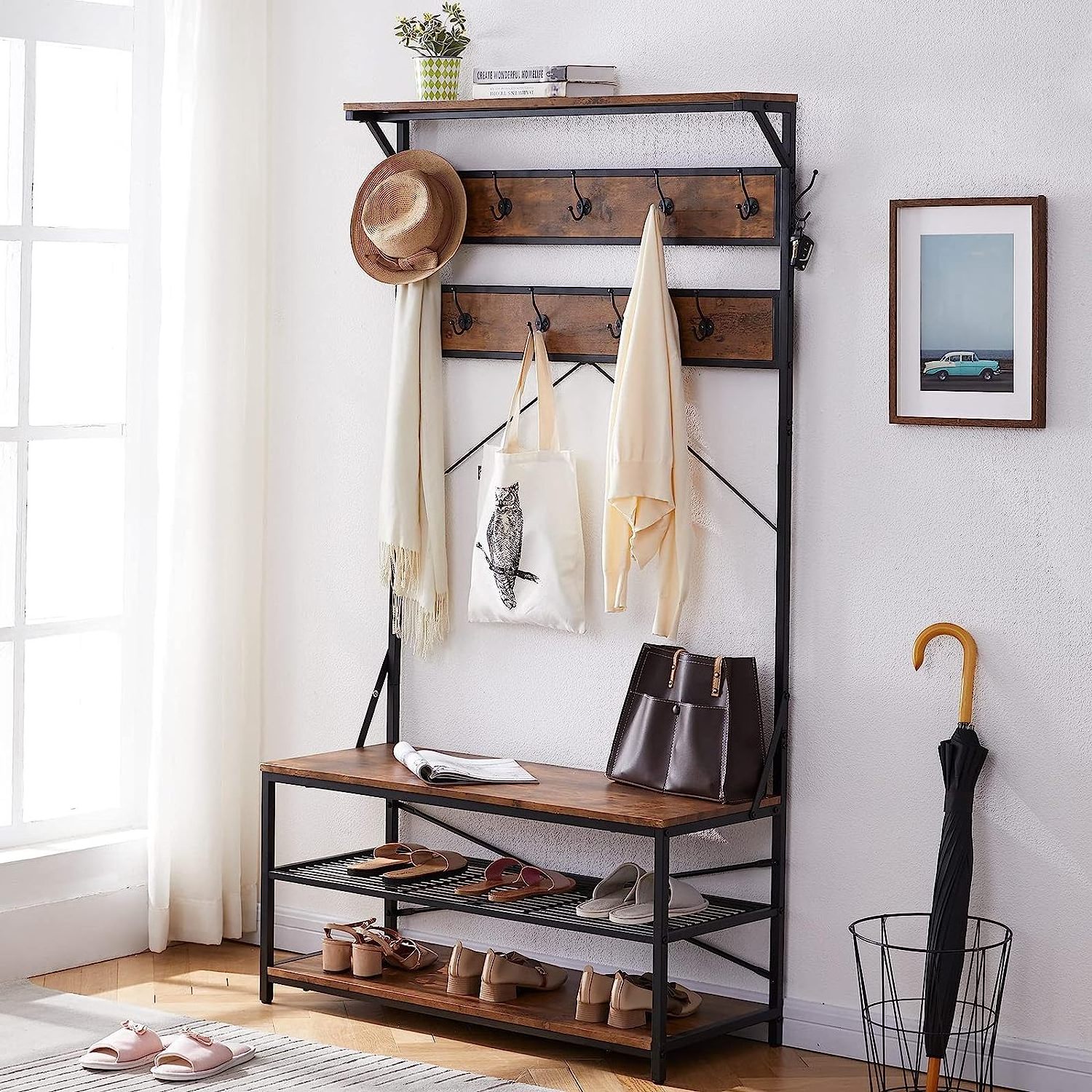 3-in-1 Entryway Coat Rack with Storage Bench and Coat Racks Entryway Storage Shelf Organizer,Wood Look Accent Furniture