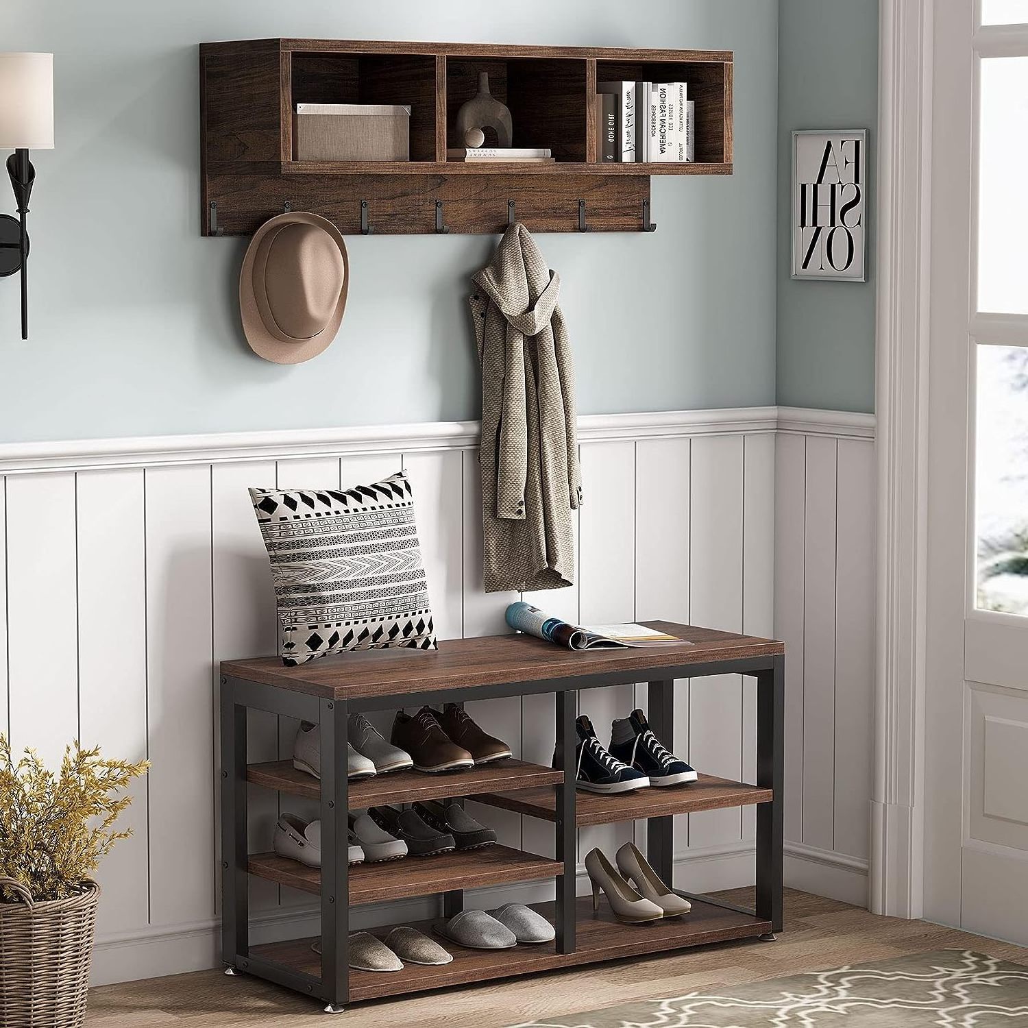 Hall Tree with Shoe Bench, Industrial Shoe Rack Bench with Coat Rack,Coat Rack Shoe Bench Set