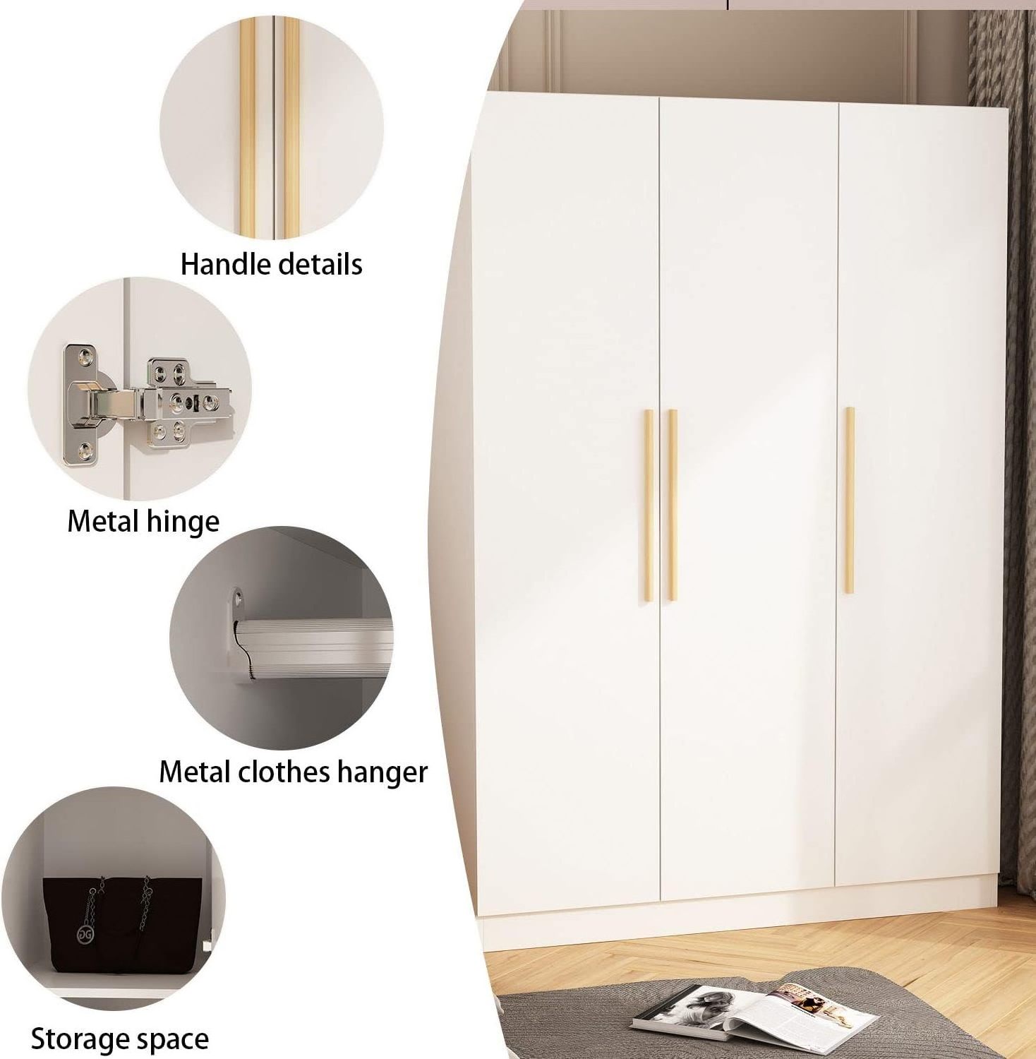 3 Doors Wardrobe with Shelves, Armoire Wardrobe Closet with Hanging Rod, Wooden Handles, Armoire Closet for Bedroom White