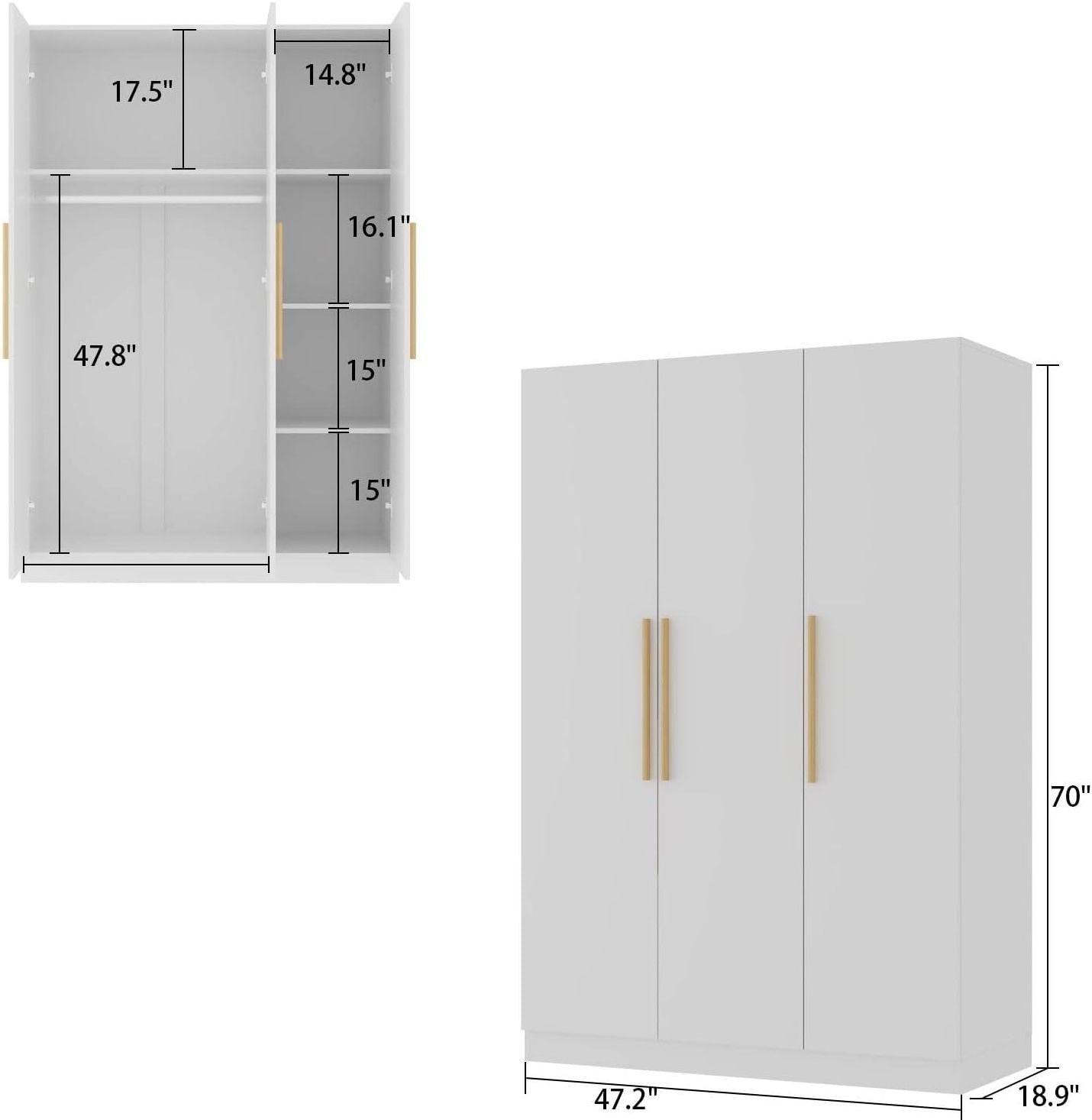 3 Doors Wardrobe with Shelves, Armoire Wardrobe Closet with Hanging Rod, Wooden Handles, Armoire Closet for Bedroom White