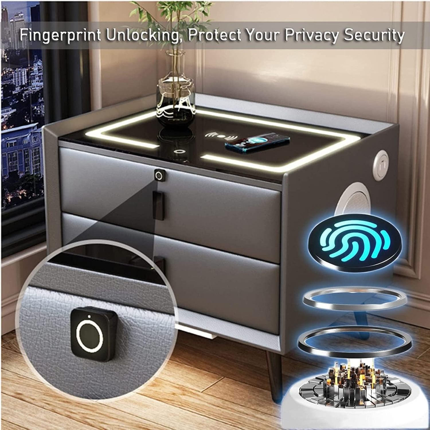 Modern Smart Nightstand Bedside Table with Wireless Charging Station and led lights Bluetooth Speaker, Fingerprint Lock