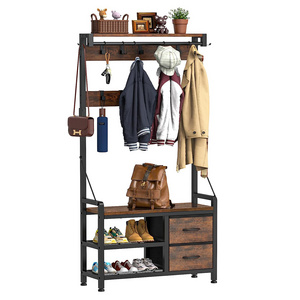 Coat rack entryway wood panel hall tree with bench and shoe storage, drawers