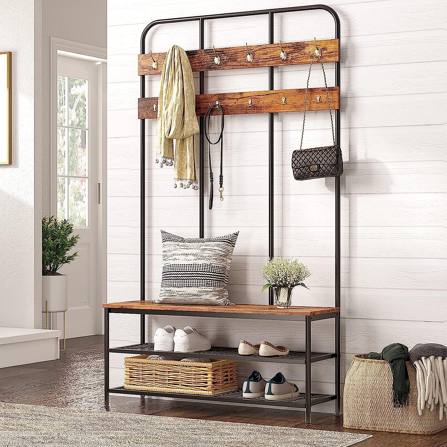 Hall Tree Rustic Brown with Bench, Entryway Bench with Coat Rack Hooks and Storage Bench Shoe Rack Organize