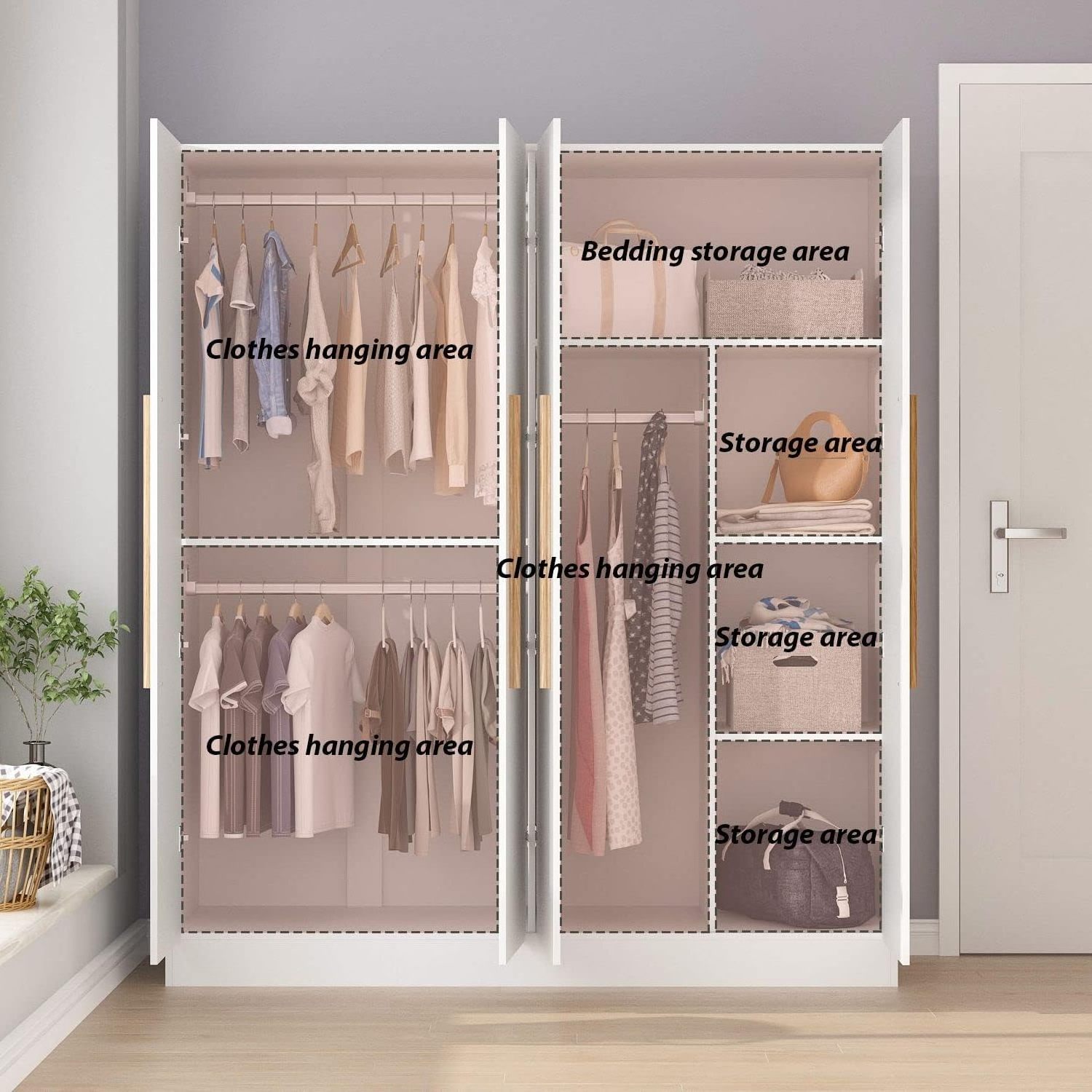 White Bedroom Furniture Wooden Wardrobe Closet Cloth Clothes with Storage Shelves Hanging Rod, Wooden Handles