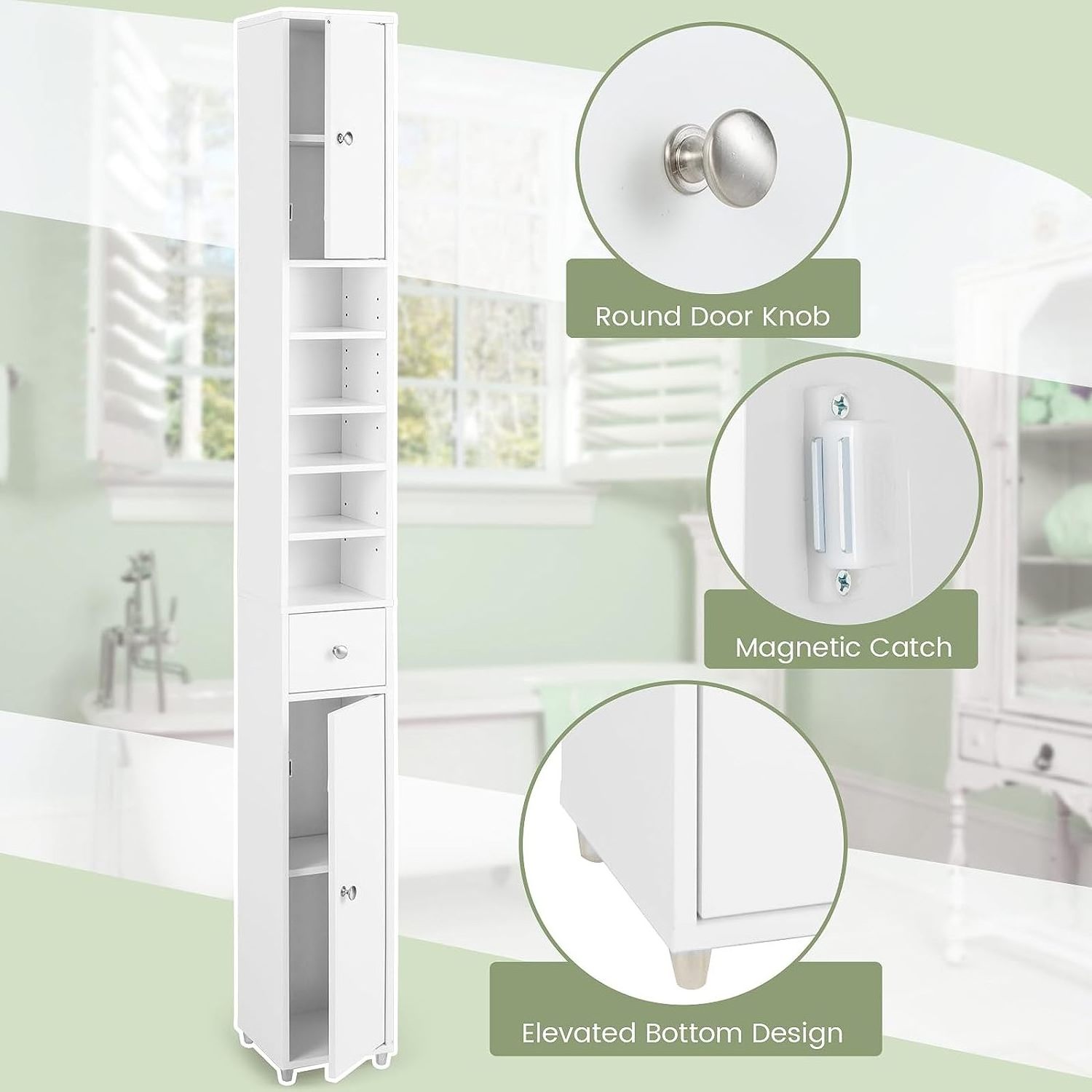 white slim bathroom floor storage cabinet organizers storage drawers with Door adjustable Shelves Narrow Linen Tower