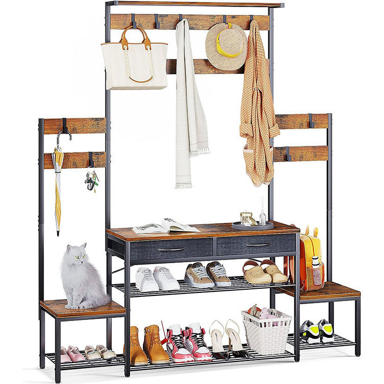 Parent-Child Hall Tree with Bench and Shoe Storage, Freestanding Coat Rack with Drawers