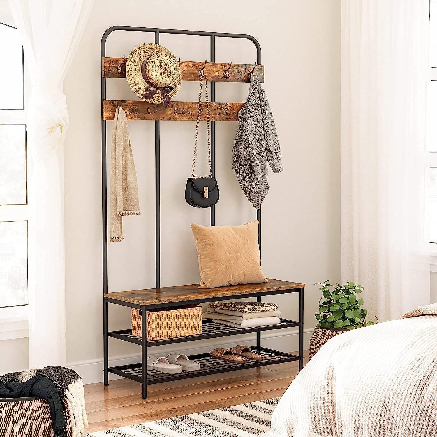 Hall Tree Rustic Brown with Bench, Entryway Bench with Coat Rack Hooks and Storage Bench Shoe Rack Organize