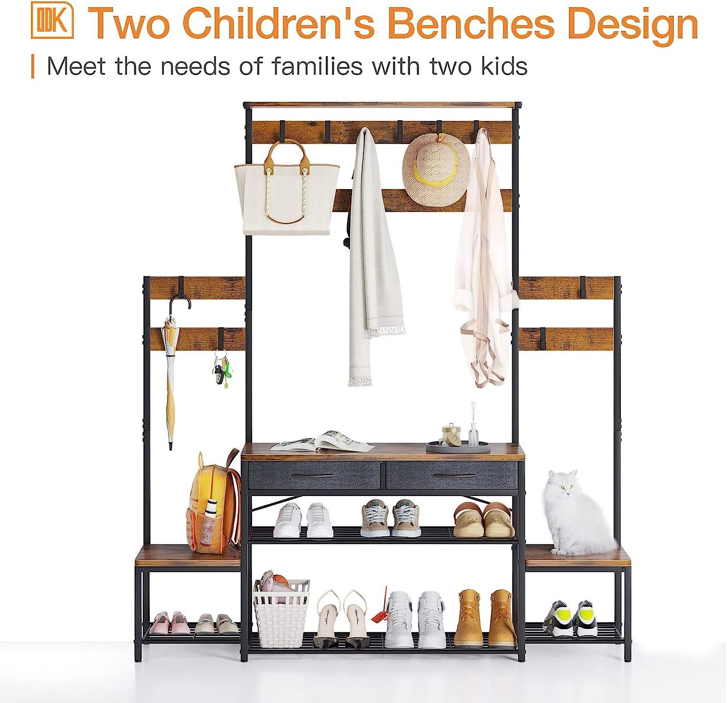 Parent-Child Hall Tree with Bench and Shoe Storage, Freestanding Coat Rack with Drawers