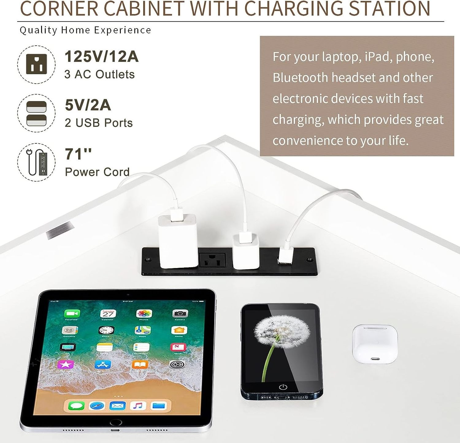 Corner Cabinet, Wooden Corner Storage with USB and Outlets Board Game Storage Cabinet