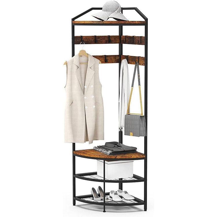 Freestanding Clothes Rack Shoes Shelf Organizer with 10 Metal Movable Hooks,Entryway Coat Rack