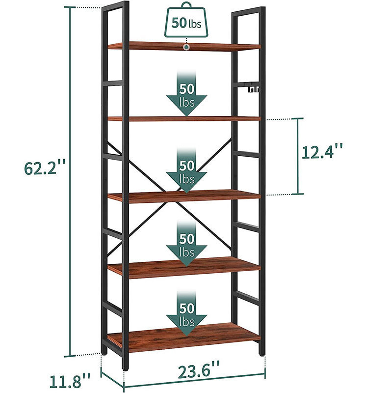 5 Tier Bookshelf - Tall Book Shelf Modern Bookcase Rustic Book Case Industrial Bookshelves Book Storage Organizer for Bedroom