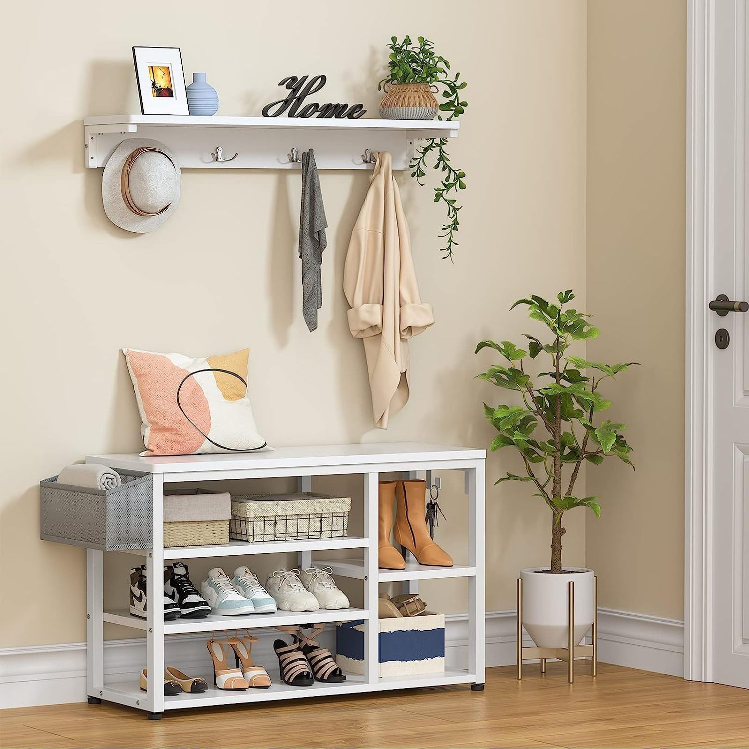 Entryway Hall Tree Shoe Bench with Storage, 4 in 1 Coat Rack Shoe Bench Set, Industrial Shoe Rack Bench