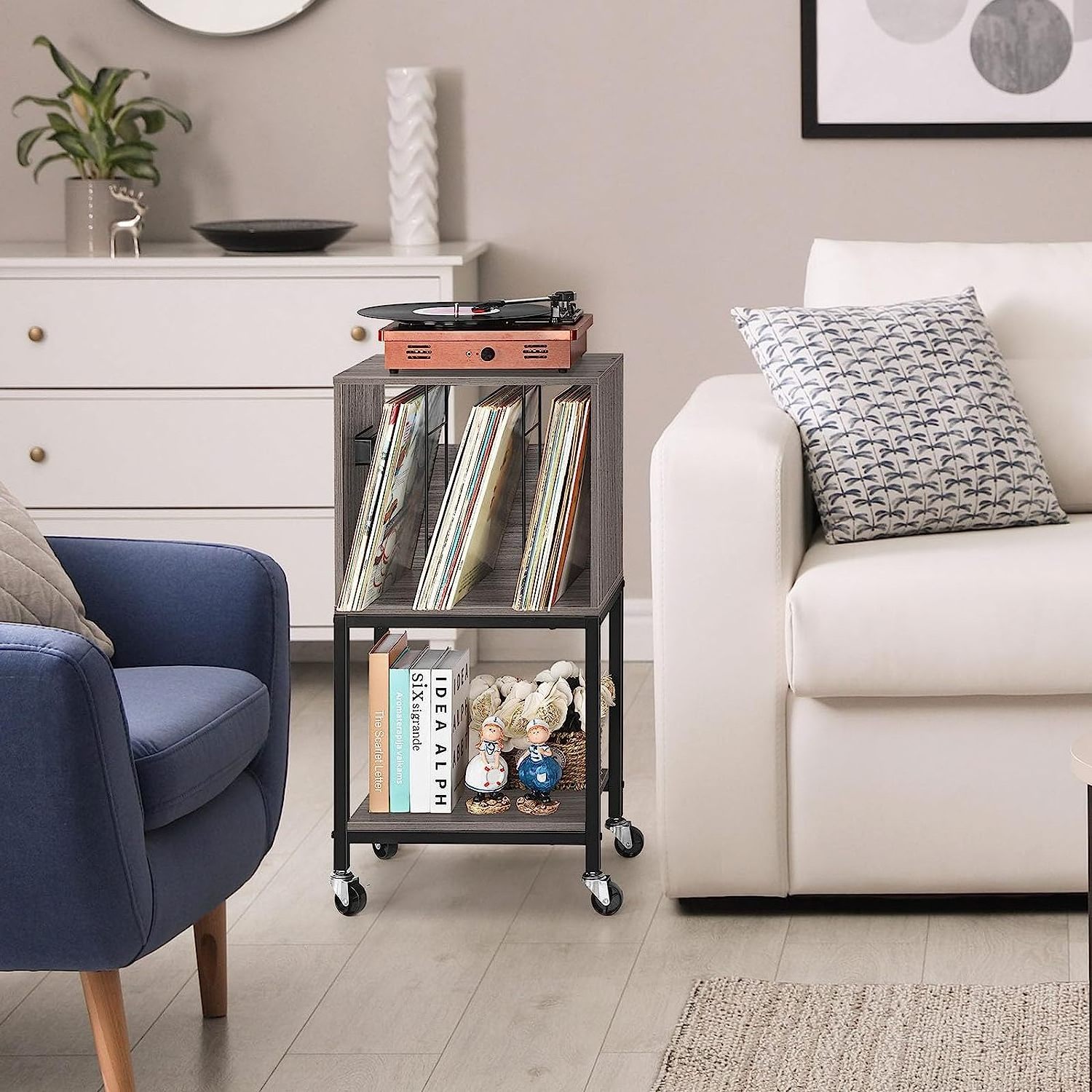 3-Tier Record Player Stand End table with Charging Station, Vinyl Record Table with Wheels