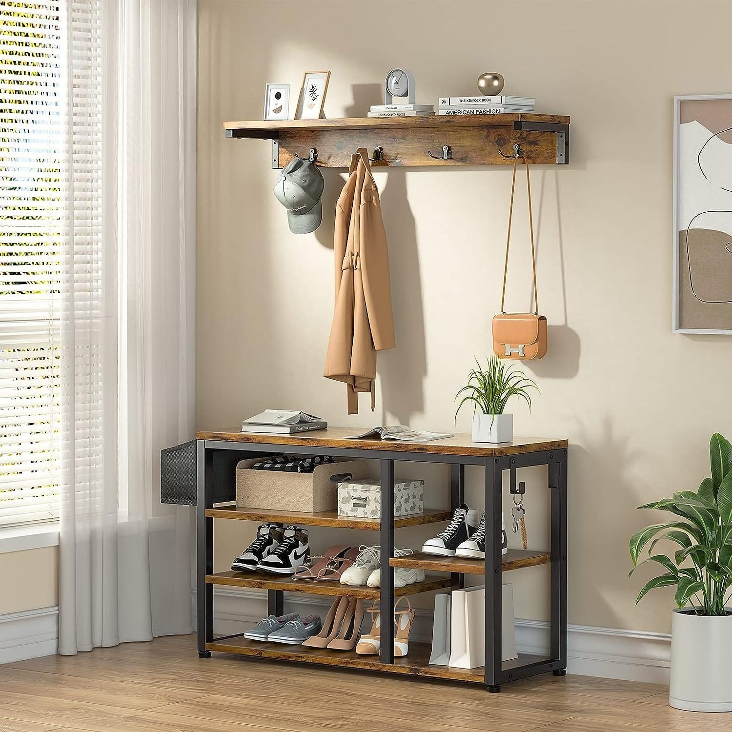 Entryway Hall Tree Shoe Bench with Storage, 4 in 1 Coat Rack Shoe Bench Set, Industrial Shoe Rack Bench