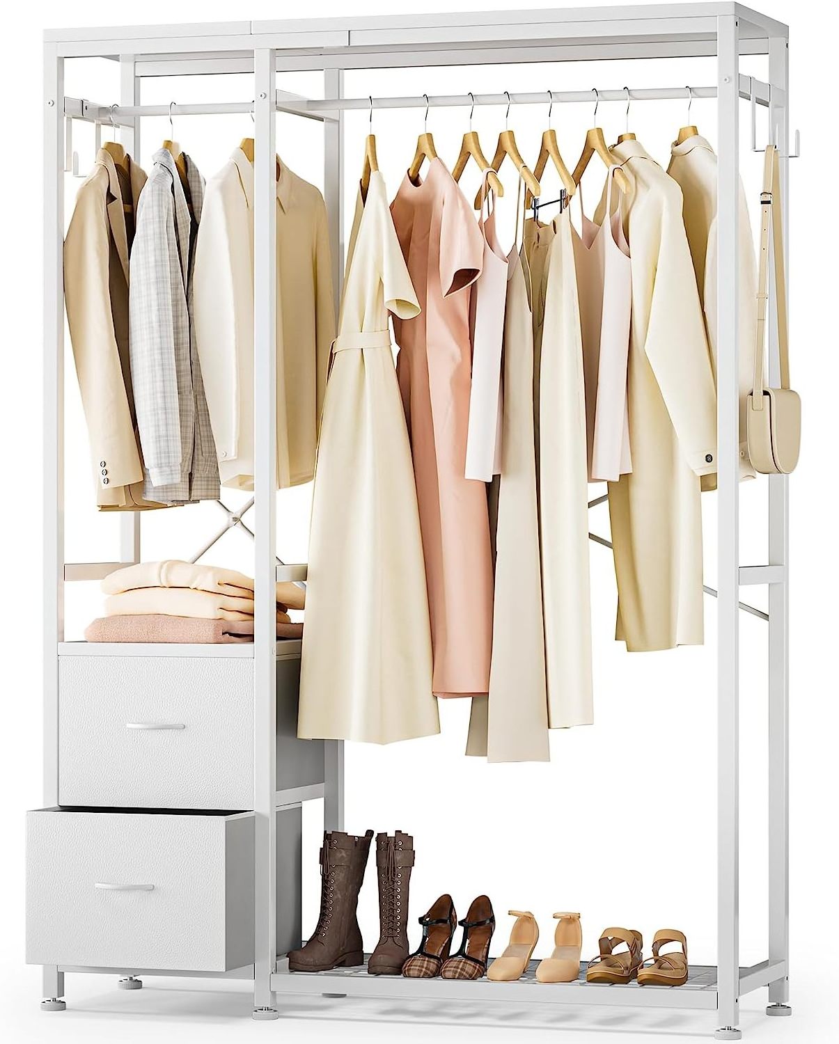 Freestanding Clothes Rack Organizer Industrial Clothing Racks with Shelves, Drawers,  Hooks,  Hanging Rods