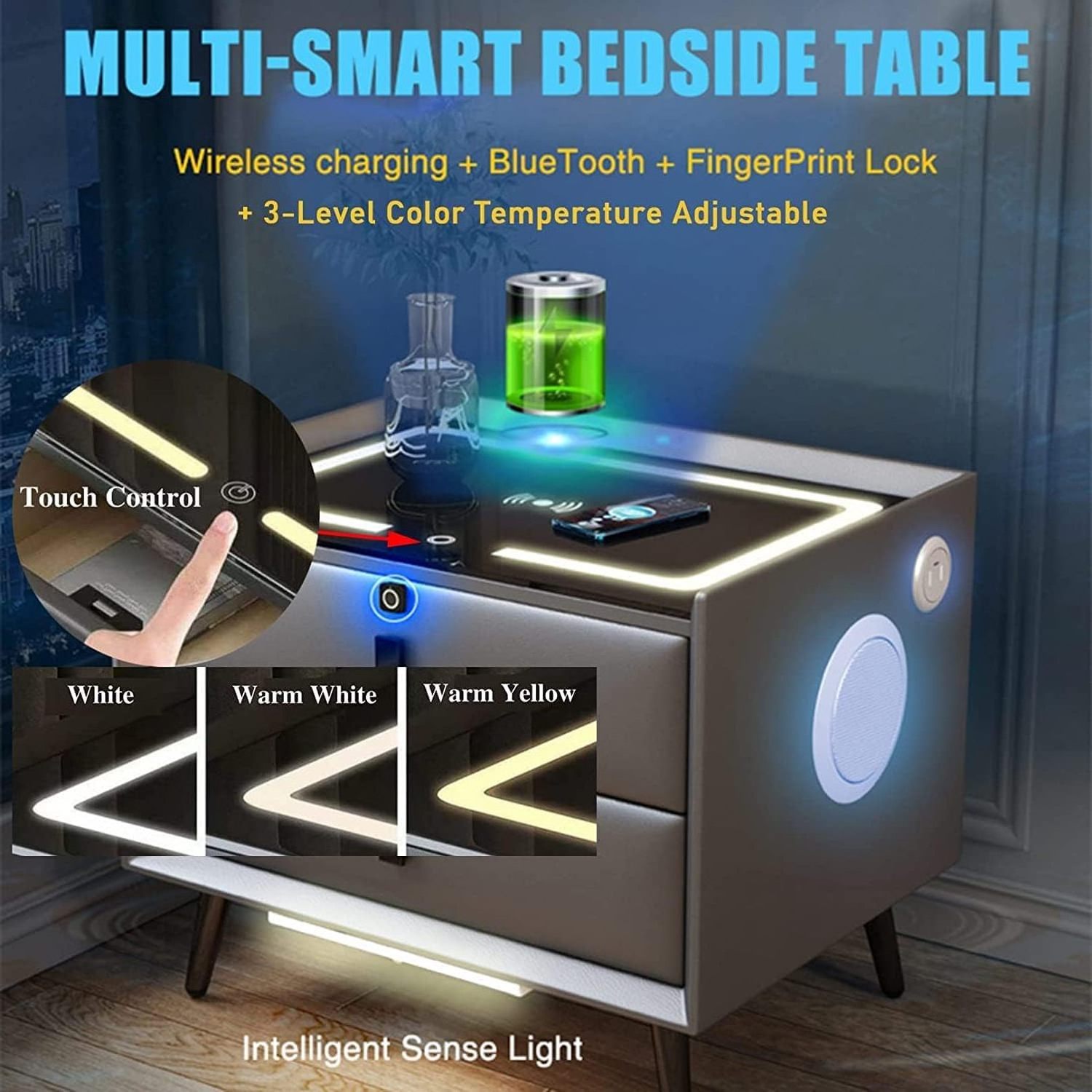 Modern Smart Nightstand Bedside Table with Wireless Charging Station and led lights Bluetooth Speaker, Fingerprint Lock