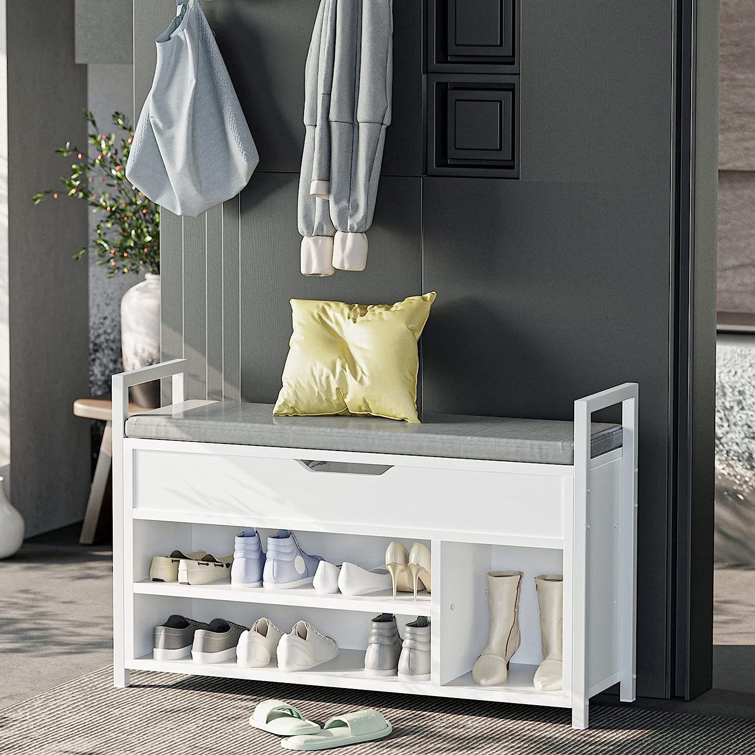 Metal and Wood Board Shoe Storage Bench, Entryway Bench with Soft Lift Top Storage Box 2-Tier Shoe Rack Organizer