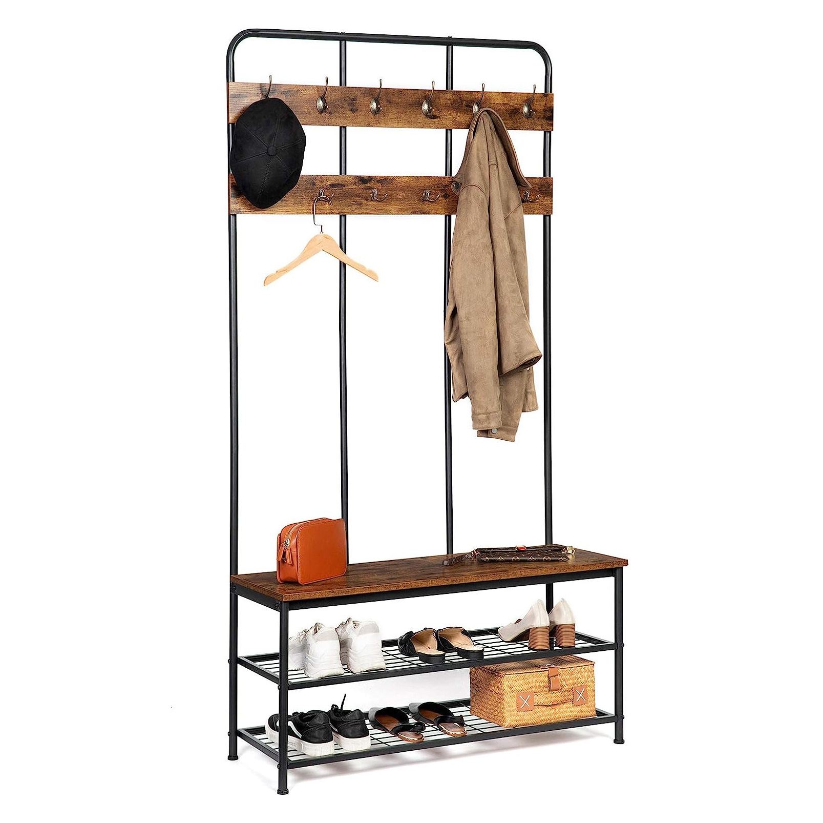 Hall Tree Rustic Brown with Bench, Entryway Bench with Coat Rack Hooks and Storage Bench Shoe Rack Organize