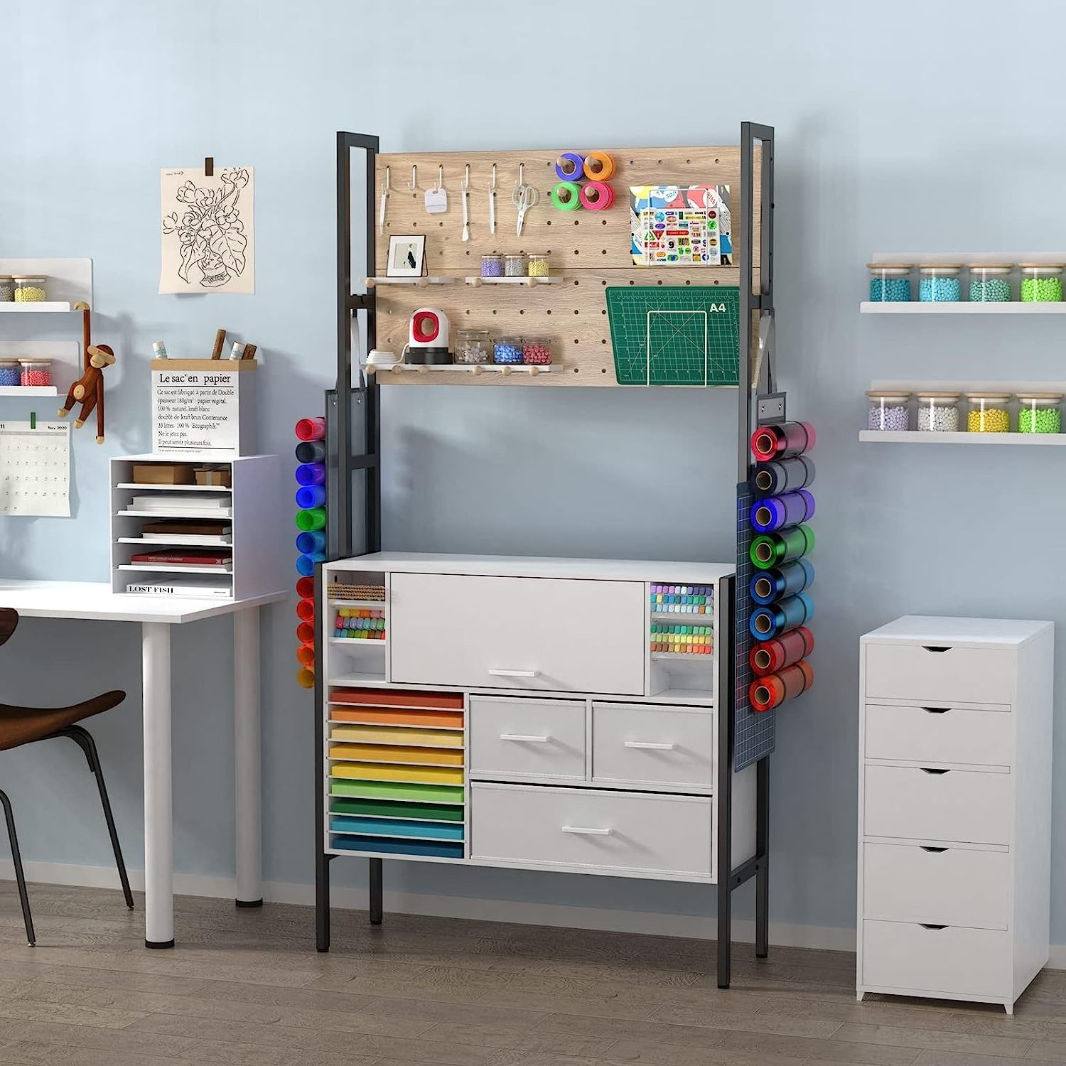 Industrial show craft storage cabinet with table space Pegboard, Vinyl Holders