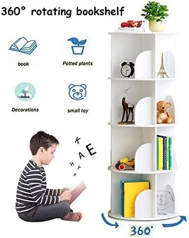 White Wood Plastic Kids Rotating Bookshelf 360 Revolving Bookcase