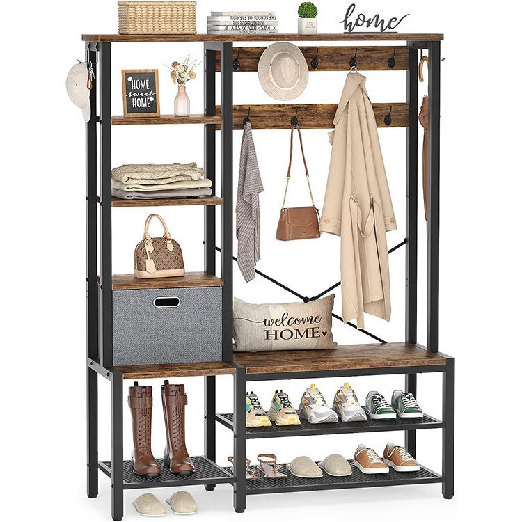 Coat Rack, 5-Tier Shelves, Fabric Storage Basket, Side hooks, Industrial 5 in 1 Large Organizer,Hall Tree with Storage Bench