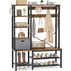 Coat Rack, 5-Tier Shelves, Fabric Storage Basket, Side hooks, Industrial 5 in 1 Large Organizer,Hall Tree with Storage Bench