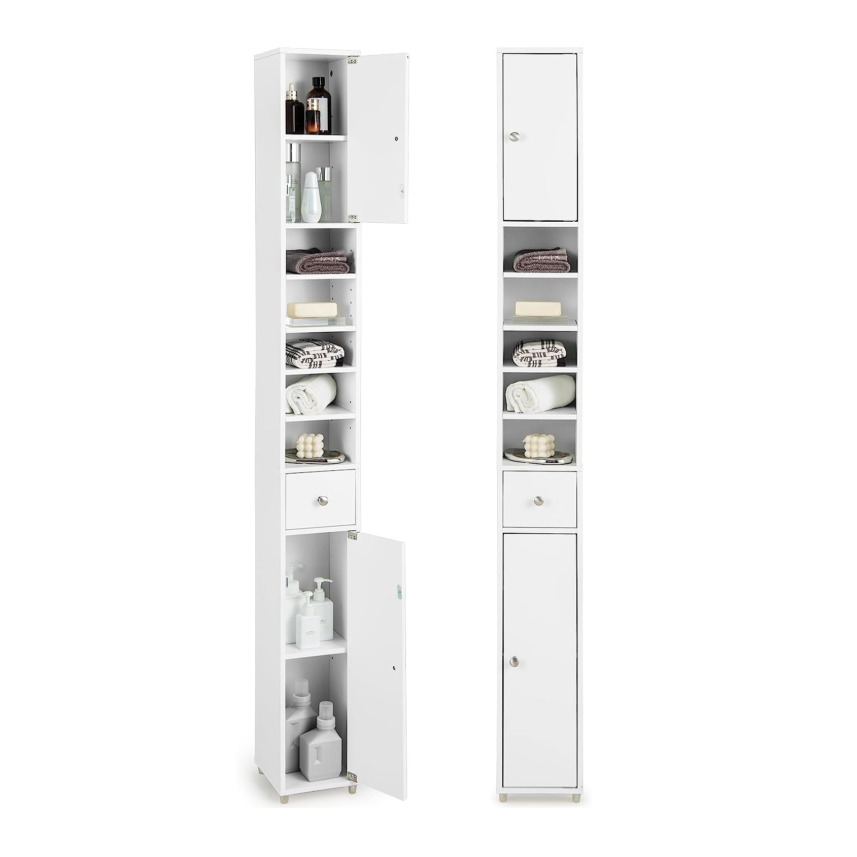 white slim bathroom floor storage cabinet organizers storage drawers with Door adjustable Shelves Narrow Linen Tower