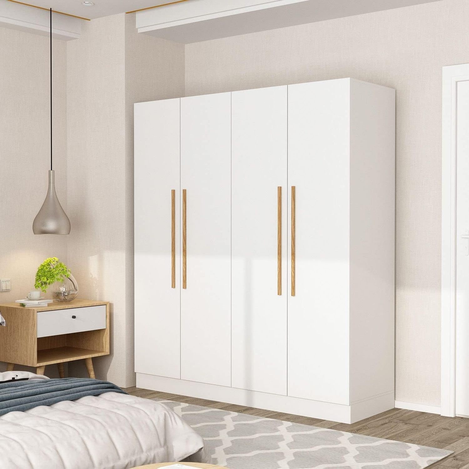 White Bedroom Furniture Wooden Wardrobe Closet Cloth Clothes with Storage Shelves Hanging Rod, Wooden Handles