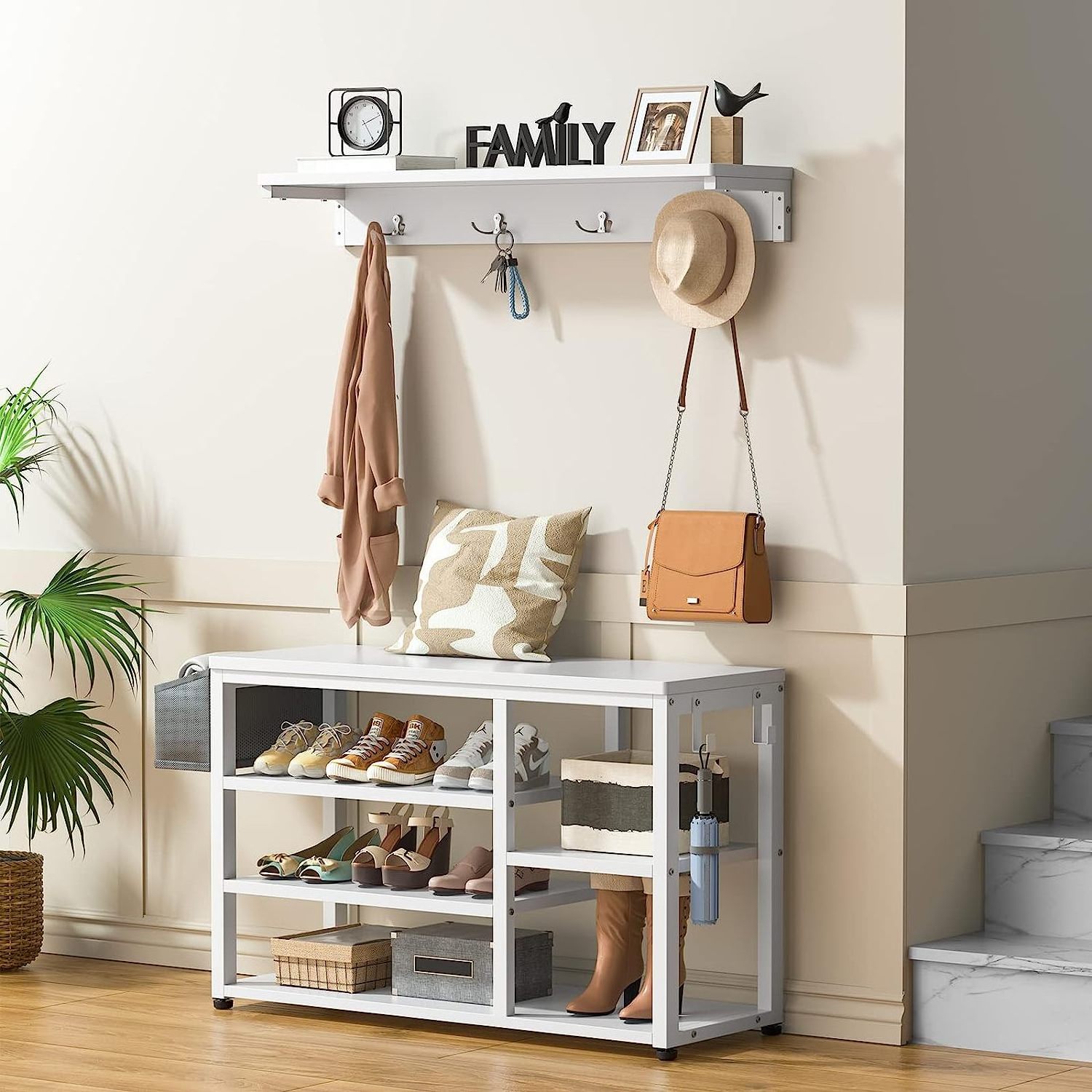 Entryway Hall Tree Shoe Bench with Storage, 4 in 1 Coat Rack Shoe Bench Set, Industrial Shoe Rack Bench