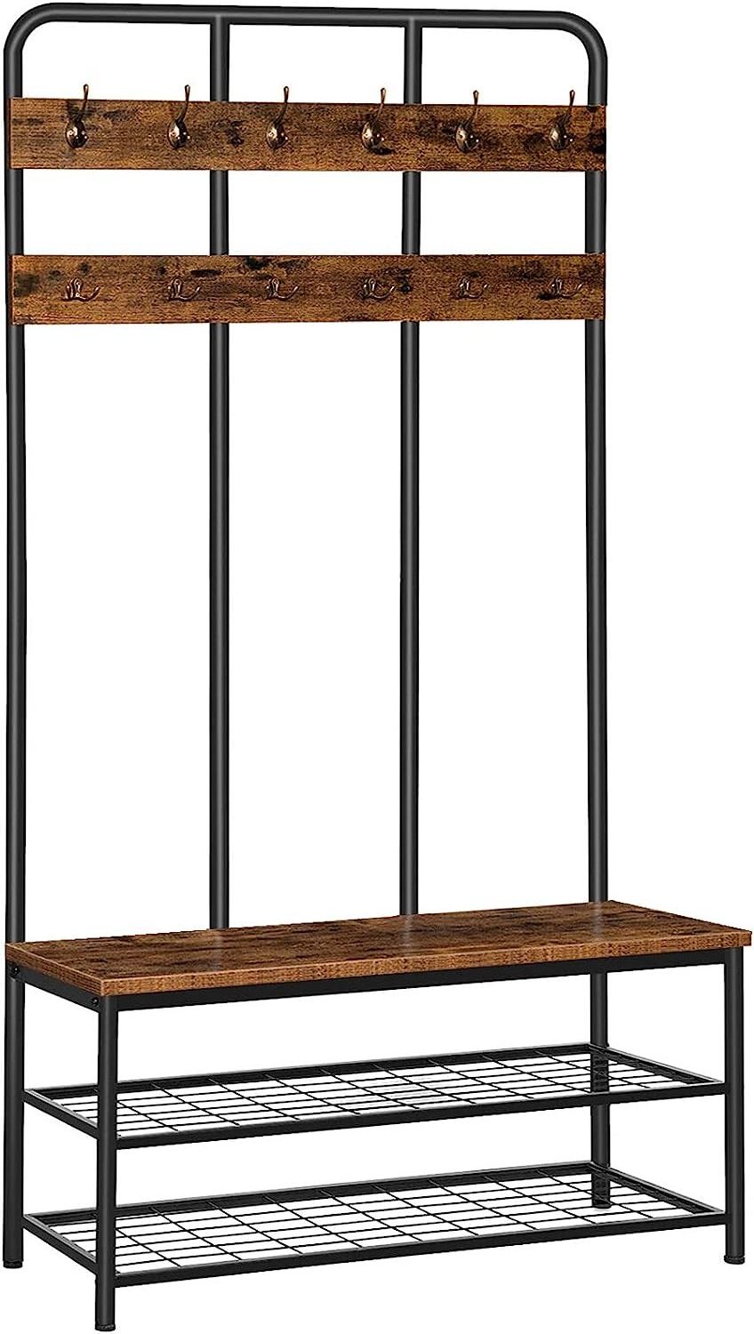 Hall Tree Rustic Brown with Bench, Entryway Bench with Coat Rack Hooks and Storage Bench Shoe Rack Organize