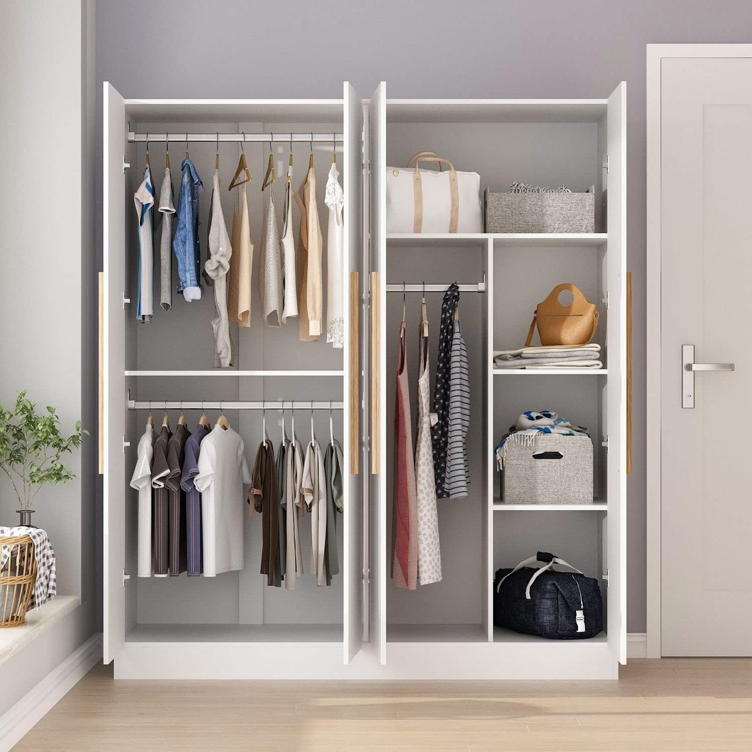 White Bedroom Furniture Wooden Wardrobe Closet Cloth Clothes with Storage Shelves Hanging Rod, Wooden Handles