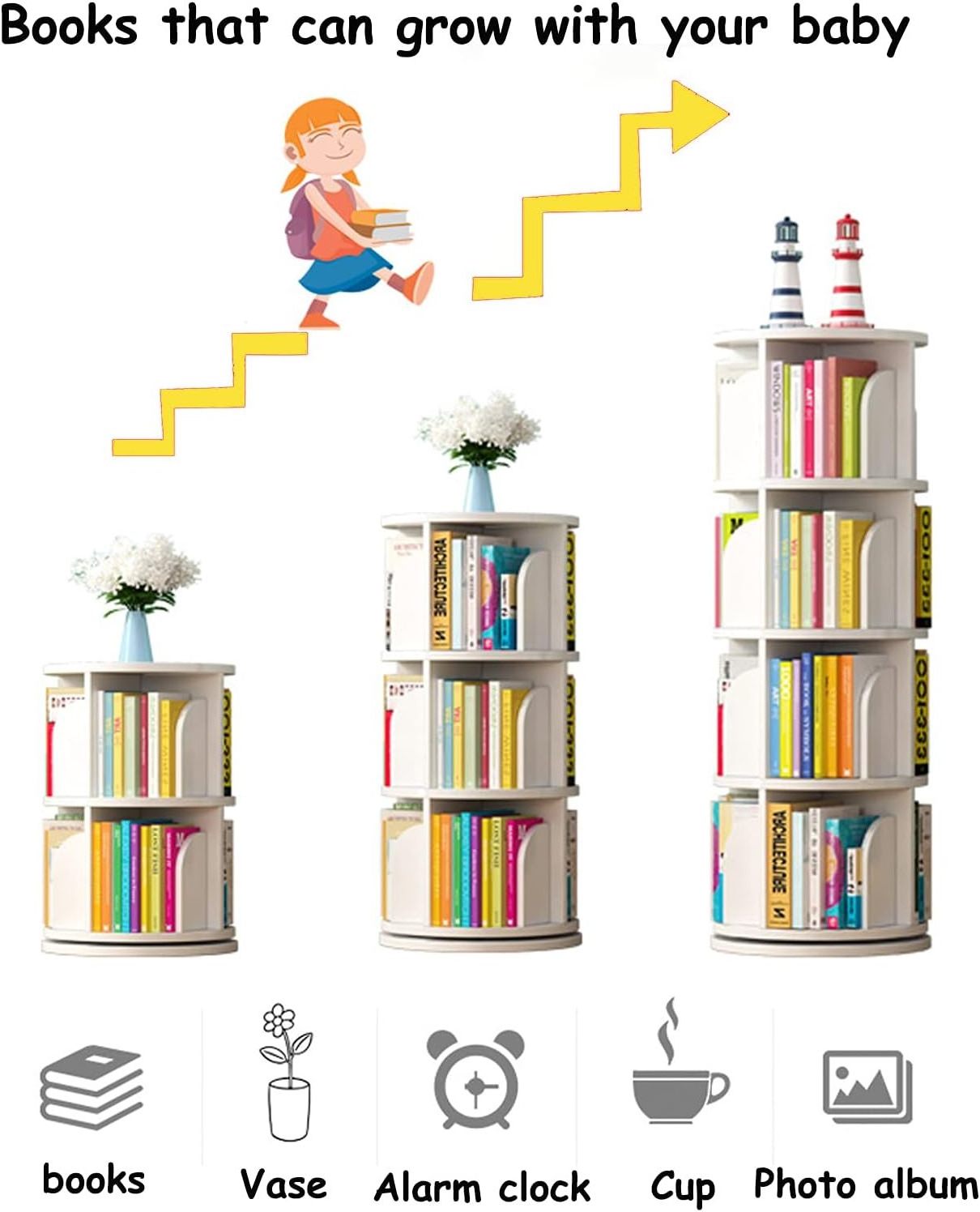 White Wood Plastic Kids Rotating Bookshelf 360 Revolving Bookcase