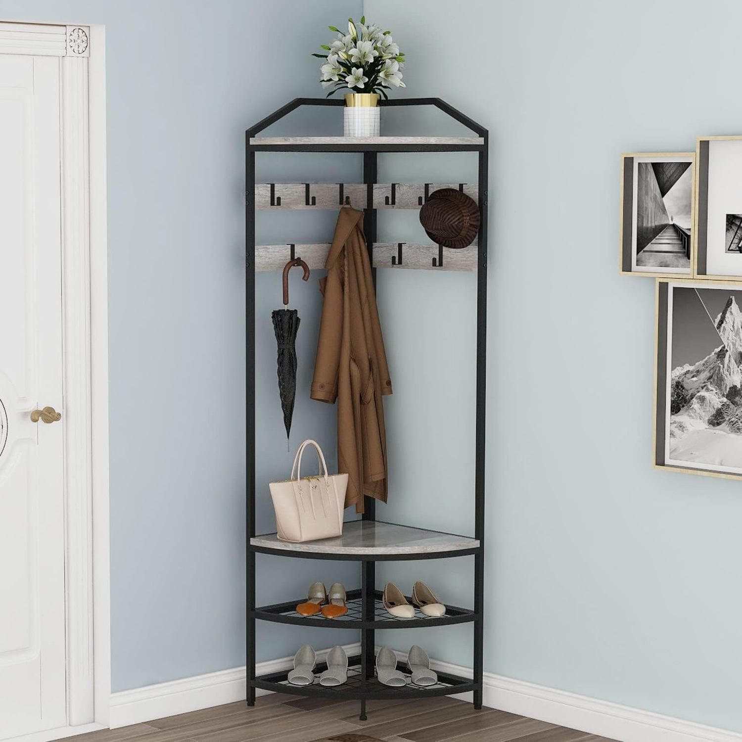 Freestanding Clothes Rack Shoes Shelf Organizer with 10 Metal Movable Hooks,Entryway Coat Rack