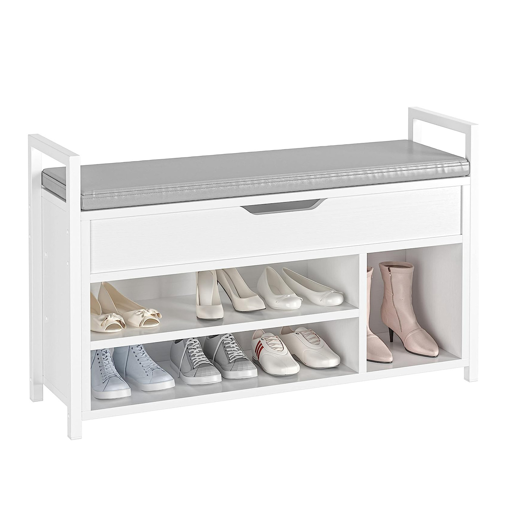 Metal and Wood Board Shoe Storage Bench, Entryway Bench with Soft Lift Top Storage Box 2-Tier Shoe Rack Organizer