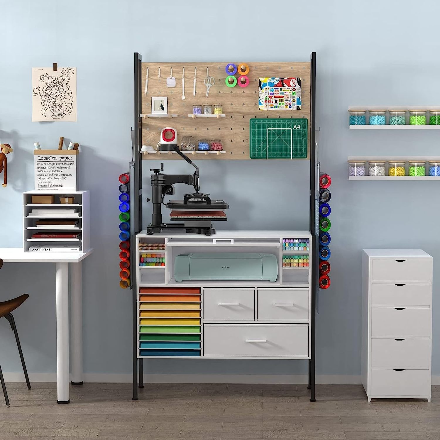 Industrial show craft storage cabinet with table space Pegboard, Vinyl Holders