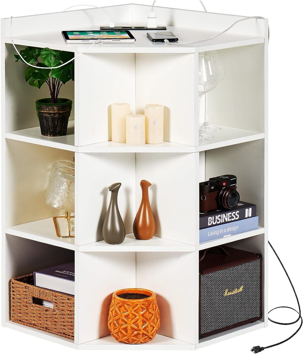 Corner Cabinet, Wooden Corner Storage with USB and Outlets Board Game Storage Cabinet