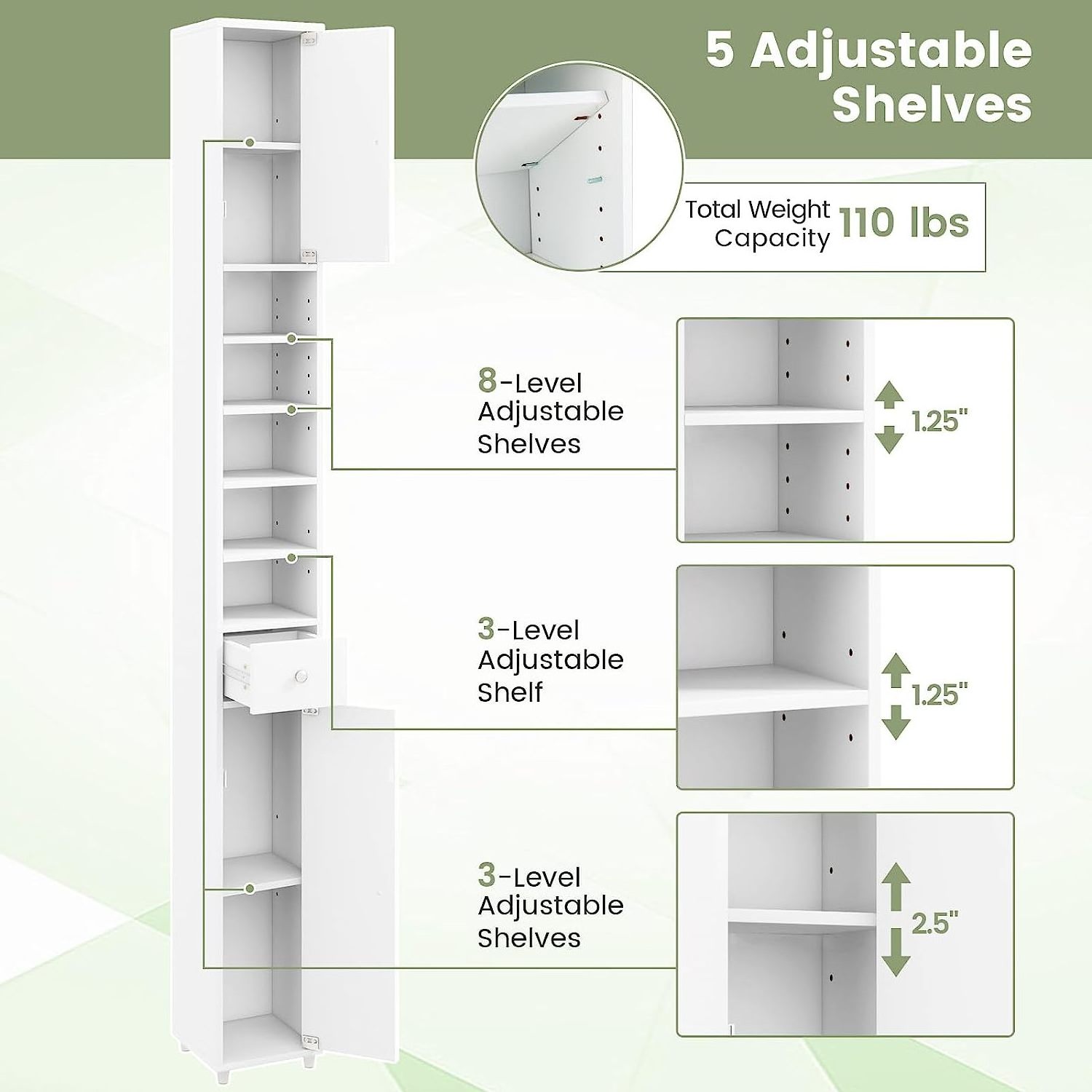 white slim bathroom floor storage cabinet organizers storage drawers with Door adjustable Shelves Narrow Linen Tower