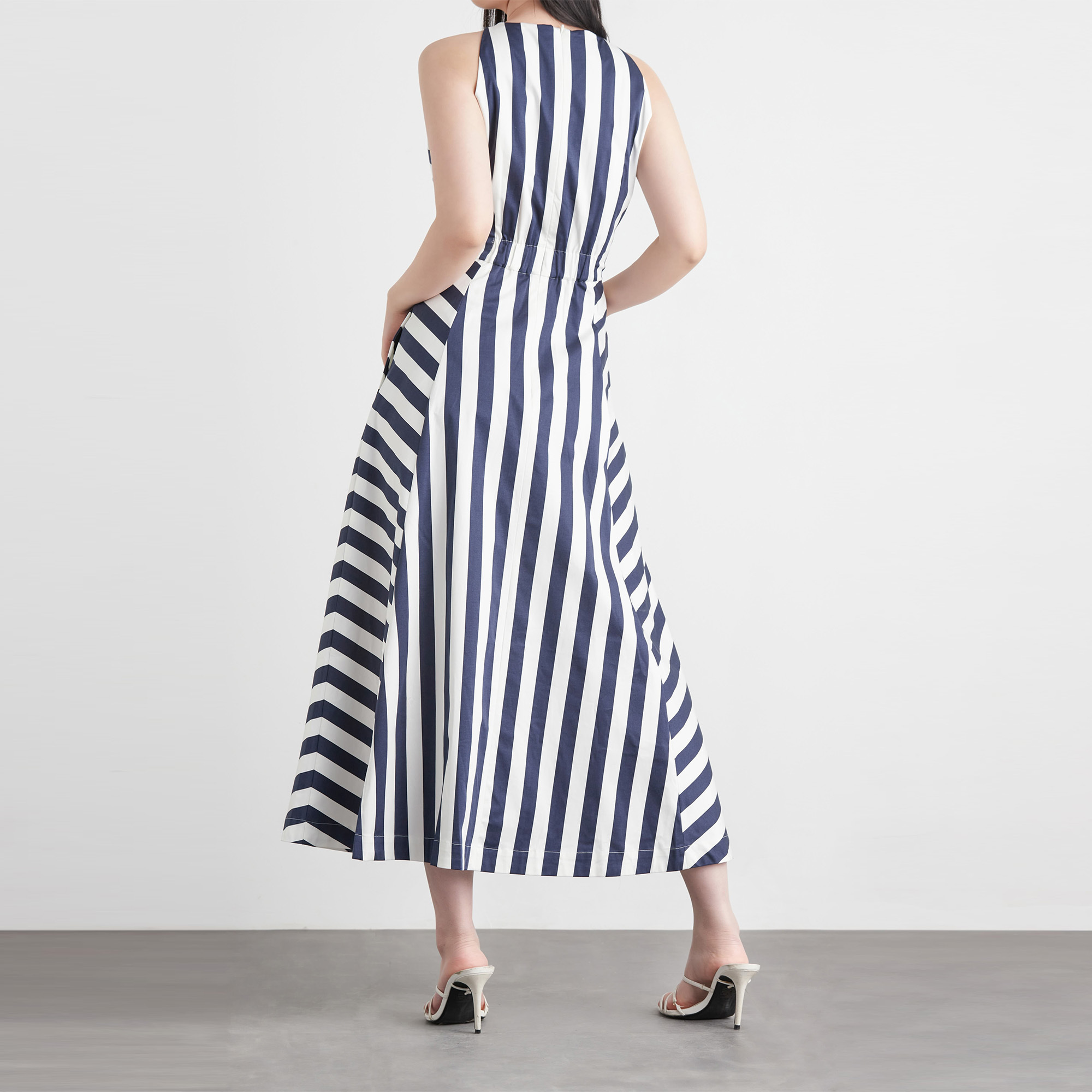 Blue And White Horizontal  And Vertical Striped Printed Sleeveless Maxi Casual Dress