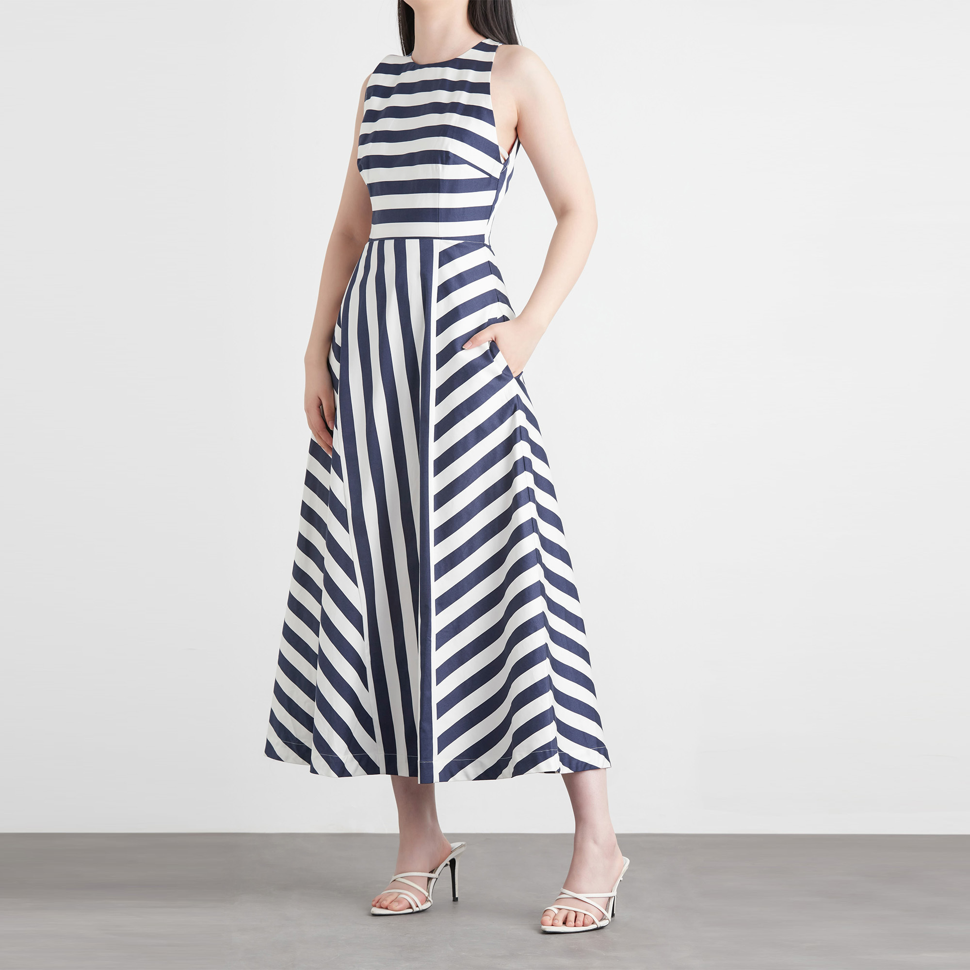 Blue And White Horizontal  And Vertical Striped Printed Sleeveless Maxi Casual Dress