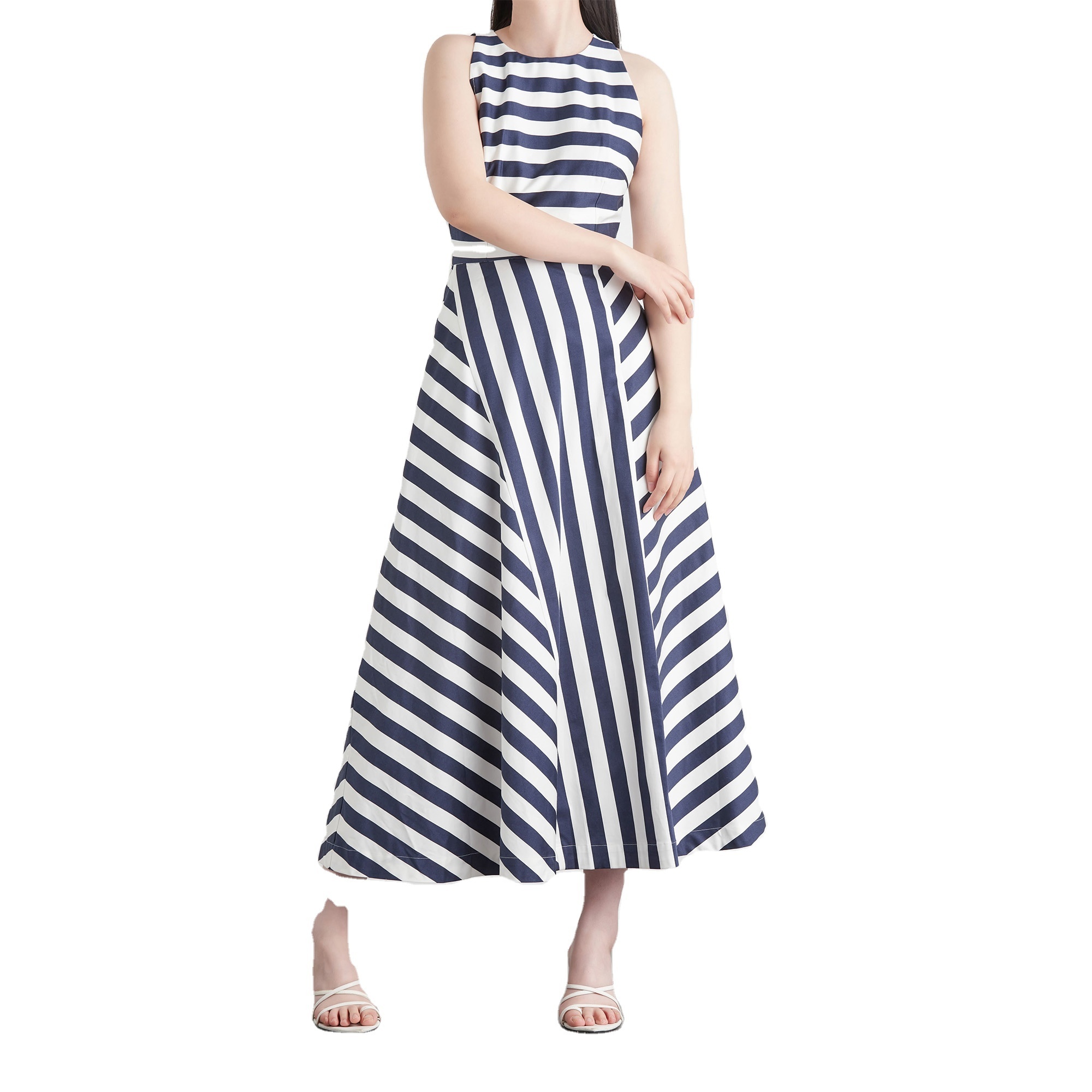 Blue And White Horizontal  And Vertical Striped Printed Sleeveless Maxi Casual Dress