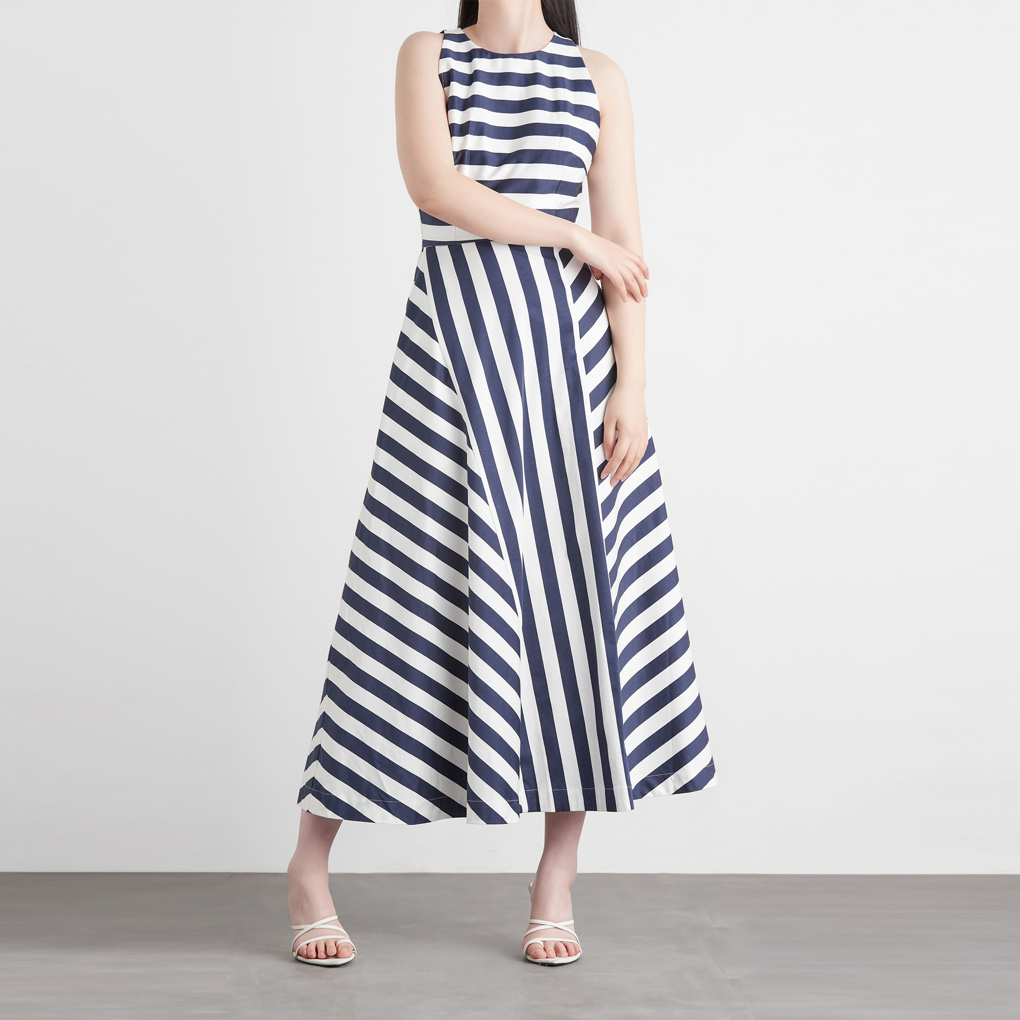 Blue And White Horizontal  And Vertical Striped Printed Sleeveless Maxi Casual Dress