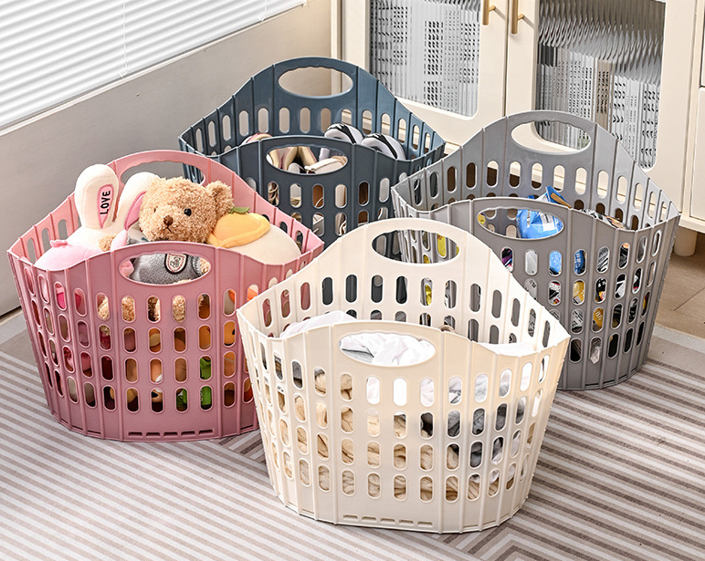 Home Laundry Room Modern Design Pink Foldable Plastic Storage Organize Laundry Tall Basket Laundry Hamper With Handle