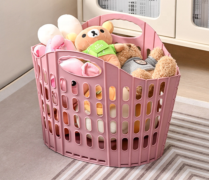 Home Laundry Room Modern Design Pink Foldable Plastic Storage Organize Laundry Tall Basket Laundry Hamper With Handle