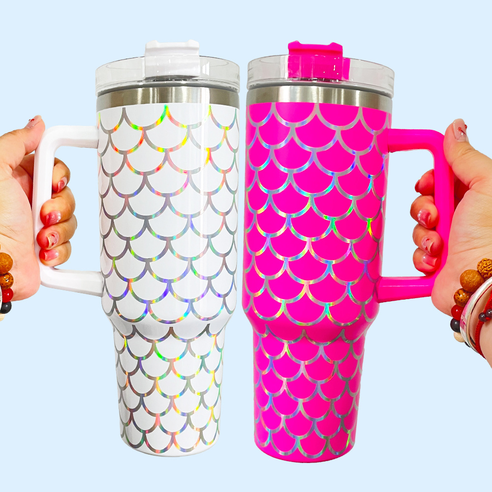 mermaid tail 40oz shinny white purple pink green rosy quencher tumbler holographic fish scales print travel mug with straw